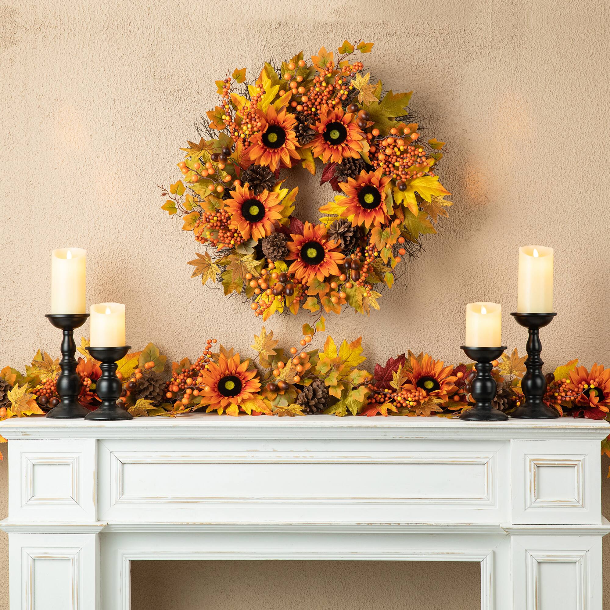 Glitzhome® 24" Fall Sunflower, Maple Leaf & Berry Wreath